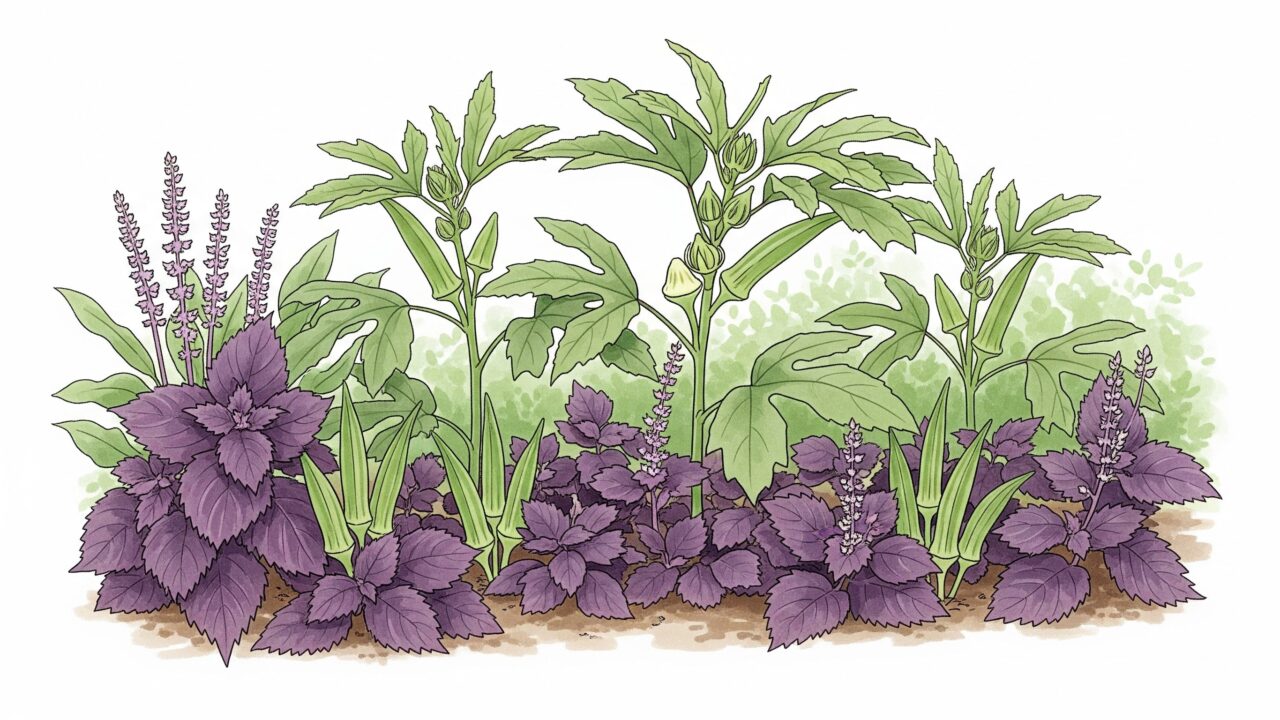 家庭菜園で一緒に育つオクラとシソのイラスト。