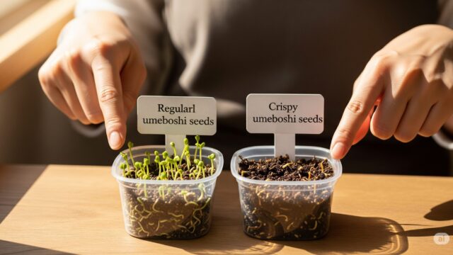 通常の梅干しの種とカリカリ梅の種の発芽の可能性の比較。