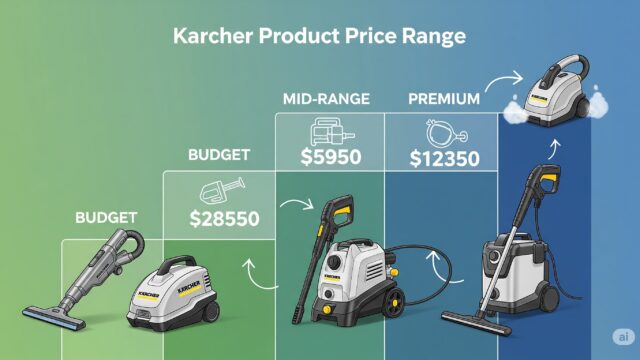 ケルヒャー製品の価格帯を視覚的にわかりやすく伝える、鮮やかなイラストです。イラストは、緑から青へのグラデーション背景を特徴とし、明るい色から暗い色へと移行し、価格帯の上昇を象徴しています。グラデーション背景は、予算、ミッドレンジ、プレミアムという異なる価格帯を表す3つのセクションに分割されています。各セクションには、窓用バキューム、高圧洗浄機、スチームクリーナーなど、いくつかのケルヒャー製品が、おおよその価格を示すラベル付きで掲載されています。イラストは、大胆でモダンなデザイン美学を利用しており、クリーンなライン、シャープなエッジ、ミニマリストのカラーパレットが、革新性と信頼性を伝えています。矢印や円形のアイコンなどの遊び心のあるグラフィックが組み込まれており、ユーザーが製品間の価格差を視覚化して理解するのに役立ちます。「ケルヒャー製品の価格帯」という明確で簡潔なタイトルが上部に大きく表示され、視聴者を誘導し、イラストの目的を確立しています。