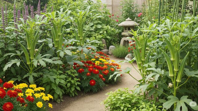 日本の家庭菜園で、コンパニオンプランツ（バジル、ニラ、マリーゴールド、マメ科植物など）と共にオクラが豊かに育ち、その可能性が広がっている様子。