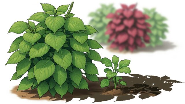 大きく育った青シソが隣の小さな野菜に影を落とし、背景には青シソと赤シソが近くに植えられているイラスト。