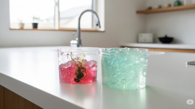 透明な容器に入ったカラフルなジェルポリマーのクローズアップ写真。一部にわずかなカビや変色が見られる部分と、新鮮で鮮やかなポリマーが入った別のきれいな容器が並べて置かれている。背景は、モダンな日本の家の明るいキッチンカウンター。