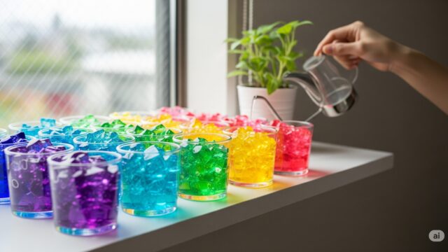  明るい家庭の棚に、様々な透明な容器に入ったカラフルなジェルポリマーが飾られている様子。背景はぼやけており、日本人の手が小さな鉢植えの植物に水をやっているのがわずかに見える。