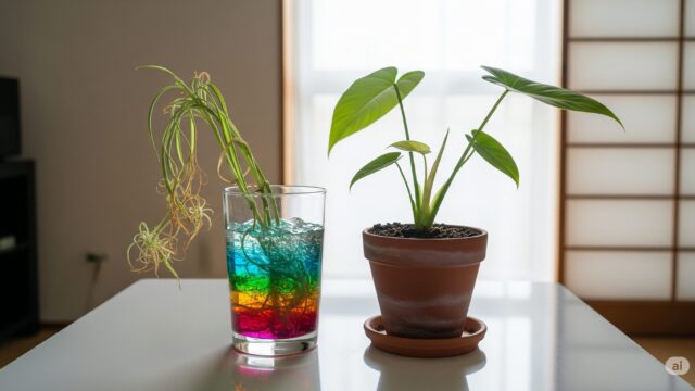 カラフルなジェルポリマーが入った透明な容器に入れられた、わずかにしおれた観葉植物と、肥沃な土が入ったテラコッタの鉢に入れられた、健康で生き生きとした観葉植物が、モダンな日本の家の明るいテーブルの上に置かれている様子。