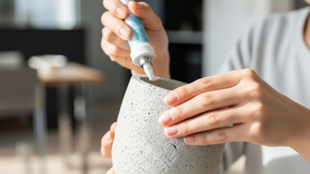 明るくモダンな家庭環境で、【日本人】の人物がセメント鉢にシーラントを塗布している手のクローズアップ。