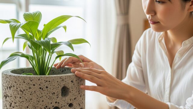 明るい家庭環境に置かれた、目に見える空気穴または多孔質の質感を持つ植物が入ったセメント鉢のクローズアップを、【日本人】の人物が調べています。