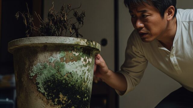 薄暗い室内環境に置かれた、目に見えるカビが生えたセメント鉢を、心配そうに見ている【日本人】の人物。