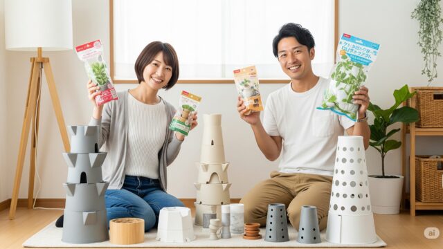 家庭でダイソーの材料を使ってタワー型プランターを紹介する日本人男女