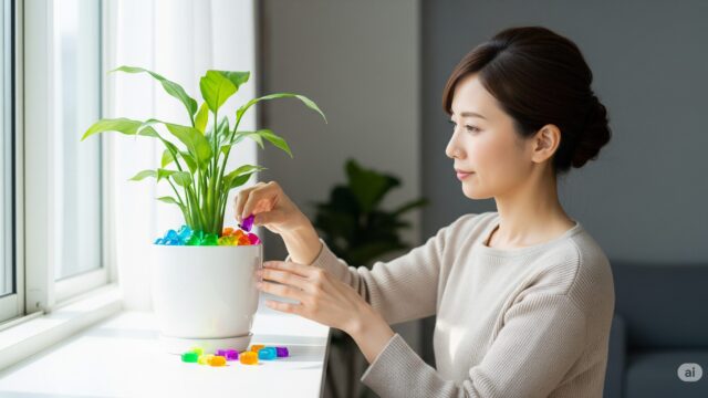  日本人の手が、スタイリッシュな白いセラミックの鉢に入った鮮やかな観葉植物の根元に、カラフルなジェルポリマーを丁寧に配置している様子。鉢は、モダンな家の明るい窓辺に置かれている。