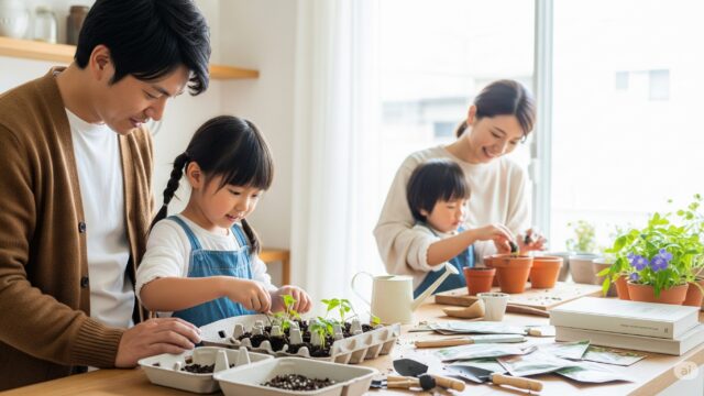 日本の家族が、ニチニチソウの種を栽培するさまざまな方法を細心の注意を払って示している、明るく風通しの良い家庭の16:9の画像です。黒髪で明るい目の若い女の子が、暖かい茶色のカーディガンを着た父親が、湿った土と丁寧に植えられたニチニチソウの種で満たされた卵のパックを並べるのを手伝っています。背景には、優しい笑顔の母親が、幼い子供にテラコッタの個別の鉢に種を植える方法を示しています。