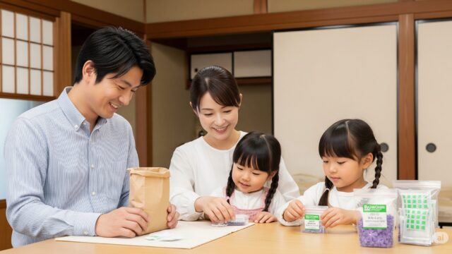 伝統的な日本の家の中で、家族がニチニチソウの種を丁寧に保管する方法を示す16:9の画像です。きちんとした黒髪の父親は、種を入れた紙袋に注意深くラベルを付け、肩までの長さの黒髪で優しい笑顔の母親は、乾燥剤パック付きの密閉容器の使い方を説明しています。編み込みの黒髪の娘は、容器の密閉を手伝い、家族の協力的な精神を示しています