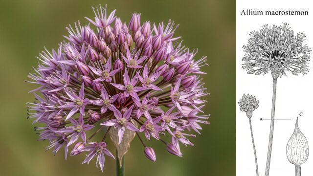 ノビルの詳細なクローズアップ画像。密な散形花序に集まった繊細な星形の花など、そのユニークな特徴と注目すべき点を紹介しています。花びらの構造の複雑なディテールを捉え、紫がかったピンクの花びらと、花びらから突き出た目立つ雄しべを強調しています。写真は自然光で撮影されており、植物の微妙な質感と色を明らかにしています。背景は意図的にぼかされており、ノビルを分離し、その印象的な形態に注意を引くようにしています。情報と教育目的のために、主要な特徴を注釈し、ラベル付けするための科学的なラベルまたはイラストを含めることができます。写真は、科学的な正確さと芸術的な美しさを融合させたスタイルでレンダリングされており、このユニークな種の美的魅力と生物学的な重要性の両方を強調しています。