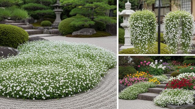 バコパの多様な活用方法を示す家庭菜園の画像。グランドカバー、ハンギングバスケット、混植花壇での利用例が描かれている。