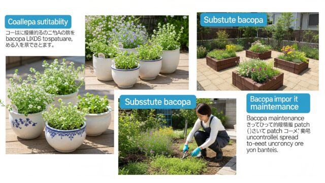 バコパの植え付けに適さない状況に対する様々な解決策を示す日本の家庭菜園の画像。鉢植えのバコパ、高床花壇に植えられたバコパ、広がりを抑えるために注意深く剪定・管理されたバコパが描かれている。