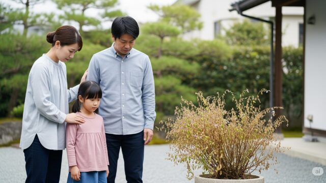 日本人の家族が庭で枯れかけているバコパを見て心配そうな表情をしている画像。バコパの栽培の難しさを表現しており、家族の落胆した様子が伝わってくる。