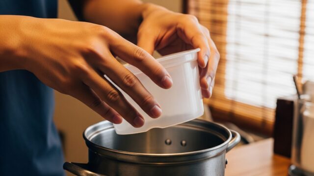 家庭環境で、【日本人】の人物がスタイリッシュなブリキ鉢にプラスチックのインナーポットを入れている手のクローズアップ。