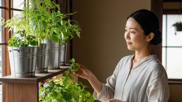 さまざまな植物が入ったブリキ鉢のコレクションを、家庭環境で思慮深い表情で見ている【日本人】の人物。
