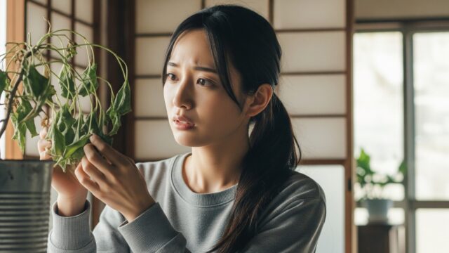 家庭環境で、ブリキ鉢に入ったしおれた植物を心配そうに見ている【日本人】の人物。