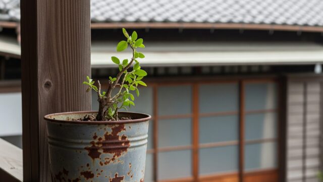 日本の家を背景にしたバルコニーに置かれた、錆びて損傷したブリキ鉢と植物。