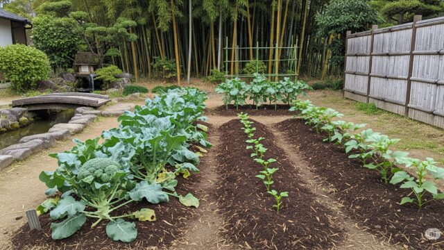 日本の家庭菜園で、収穫されたブロッコリーの区画の隣でオクラを植える準備をしている様子。土壌管理の重要性が示唆されている。