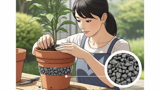 鉢底石が排水と通気を助けるためにプランターの底にどのように配置されているかを示している、日本人女性の画像。