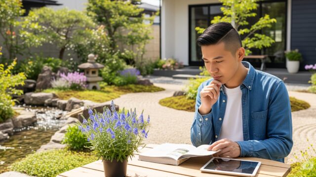 日本の静かな家庭の庭の風景。若い男性と思われる日本人が、ベロニカ オックスフォードブルーを植える前に、その植物について深く調べています。彼は、手入れの行き届いた庭にどこに植えるかを考えながら、使い古された園芸本か最新のタブレットで植物に関する情報を注意深く確認しています。庭には、丁寧に砂利が敷かれた小道や、穏やかな流れの水場などの伝統的な日本の要素と、現代的な庭の小屋などのモダンな要素が混在しています。人物の表情は思慮深く、特定の庭の条件の中で植物のニーズを注意深く検討していることを示しています。暖かい自然光がシーンを照らし、植物の豊かな質感と庭の穏やかな雰囲気を際立たせています。この画像は、日本の家庭の庭の美しさを捉えながら、新しい植物の品種を栽培する際の思慮深く意図的なプロセスを強調しています。