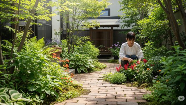 素朴なレンガ調タイルで舗装された、活気に満ちた自然の庭を手入れする日本人の女性をフィーチャーした、穏やかな家庭的なシーン。庭には、シダやホスタなどの緑豊かな植物や、慎重に選ばれた花々の鮮やかな色彩が溢れています。