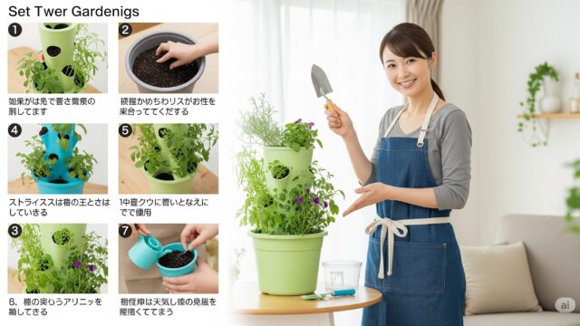 家庭でタワー型プランターの始め方を教える日本人女性
