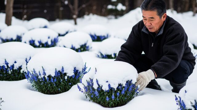 日本の北海道の家庭の庭の穏やかな冬の風景。ベロニカ オックスフォードブルーの植物は、厳しい冬の条件から保護するために、厚く、真っ白な雪の層で丁寧に覆われています。日焼けした顔をした、伝統的な冬の服装と手袋を身に着けた中年の日本人男性が、雪に覆われた植物を注意深く世話をし、極寒の気温の中で植物が生き残れるようにしています。彼はしゃがみ込み、ベロニカ オックスフォードブルーの植物の周りの雪の覆いを優しく調整しています。シーンは柔らかく自然な光で捉えられ、冬の風景の穏やかな美しさと、庭師が提供する細心の注意を強調しています。雪に覆われた庭と冬の風景の豊かで暗い色調が、植物の鮮やかな青色と並置されています。
