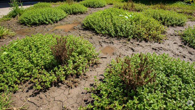 家庭の庭で、地植えされたバコパの管理が難しい様子を描いた画像。バコパが制御不能に広がり、一部は過密になり、一部は病気や害虫の兆候を示している。土壌は乾燥しすぎているか、湿りすぎているように見え、水分レベルの制御の難しさを示している。