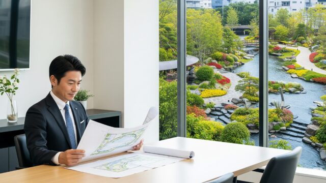 大規模プロジェクトの設計図を自信を持って見つめる、成功した日本人造園業の経営者