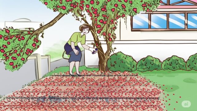  伸びすぎたサルスベリの枝が隣の庭に侵入し、手入れに困っている様子の女性のイラスト。足元には落ちた花びらが散乱し、一部の花は元気がなく、虫も描かれている。