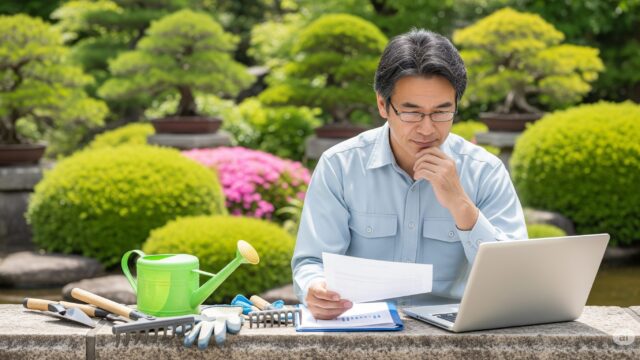 庭園を背景に、財務書類とノートパソコンを確認する日本人庭師