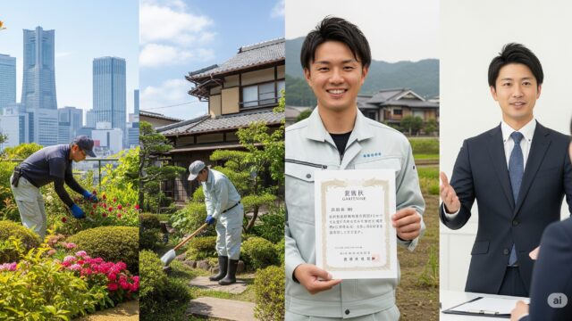 庭師の収入に影響を与える様々な要素を示すコラージュ画像