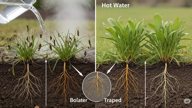 詳細な高解像度画像は、雑草の茂みに熱湯を注ぐプロセスを示しており、即時の効果と根系への長期的な影響の対比を強調しています。水は蒸気を上げているように描かれており、雑草は最初にしおれて垂れ下がります。画像は、熱湯処理前後の雑草の根を示す土壌の断面を捉えており、処理された領域の根は茶色く枯れているのに対し、未処理の領域の根は健康で無傷です。シーンは科学的で有益なスタイルで捉えられており、明確で明るい光源と、熱湯が雑草の根にどのように影響するかを示すことに重点が置かれています。背景はシンプルで自然であり、熱湯が雑草とその根に与える影響に焦点を当てることができます。