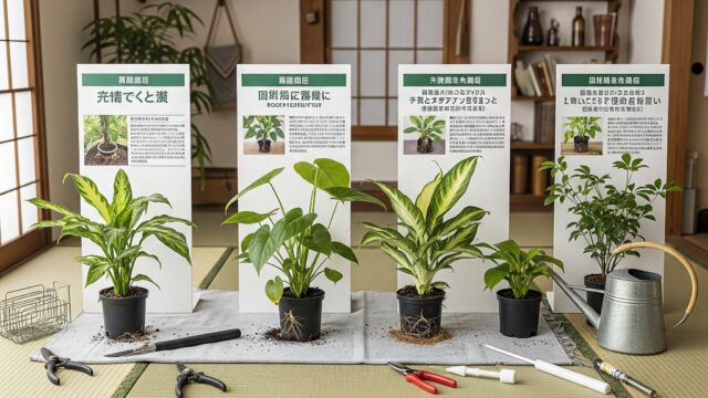 複数の根腐れ防止剤を比較して選ぶイメージ（ゼオライト・ミリオン・炭など）