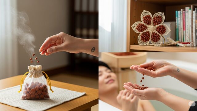 梅干しの種の消臭剤、入浴剤、クラフト材料としての活用例。