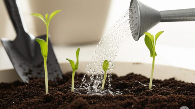 梅干しの種、植木鉢、水やり道具とQ&Aの吹き出し。家庭での梅の種植えに関する疑問と答えのイメージ。