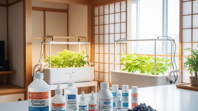 水耕栽培と根腐れ防止剤の関係を解説するイメージ画像（植物と養液のボトル）