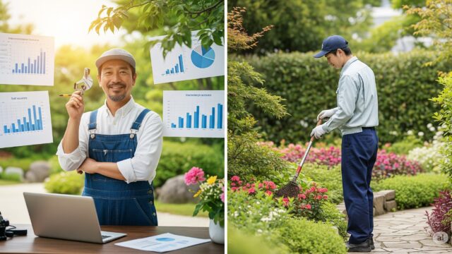独立した庭師と雇われた庭師を比較する分割画像