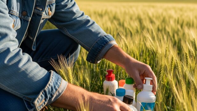 小麦が茂る活気に満ちた畑で、決意に満ちた表情で除草剤を選ぶプロの農家のイメージです。浅い被写界深度の映画のような静止画で、農家の手が数多くの選択肢の中から除草剤のボトルを選ぶ様子を強調しています。農家は丈夫で着古したデニムジャケットと丈夫なブーツを身に着け、日焼けした顔をしています。自然光が暖かく黄金色の輝きを生み出し、小麦の茎の質感と、除草剤を選ぶ農家の手を際立たせています。背景には、うねる畑と澄み切った明るい空がぼやけて写っています。画像は責任感と献身性を表現しており、農家が豊作と健全な収穫量を確保するための重要な瞬間を捉えています。