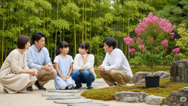 庭で百日紅を植えるかどうか話し合っている家族のイラスト。さまざまな表情から、期待とためらいが感じられる。