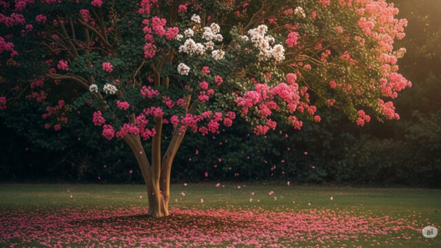 百日紅の木が満開で、古い花が落ちる一方で新しい花が咲き誇る様子。再生と生まれ変わりを象徴している。