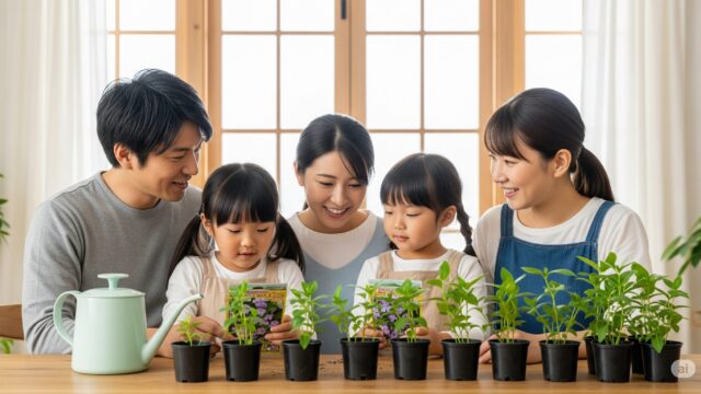 日本の家族が、ニチニチソウの種からうまく育てるために必要な注意点を示している16:9の画像です。父親、母親、二人の幼い子供からなる家族は、ニチニチソウの苗のコレクションを注意深く世話しており、そのうちのいくつかは徒長を示し、他のものは丈夫で健康です。家族が協力して苗に水をやり、均一な水分と最適な成長条件を確保している様子を捉えています。