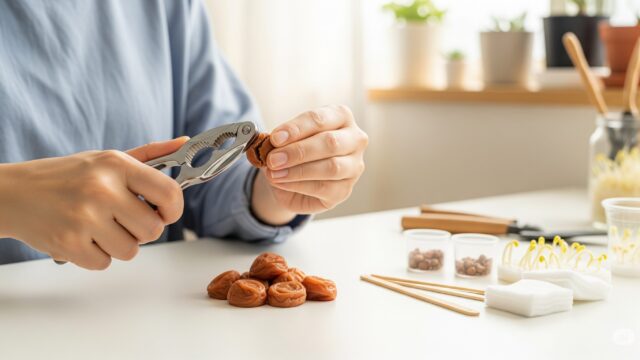 梅干しの種の割り方と発芽準備の様子。