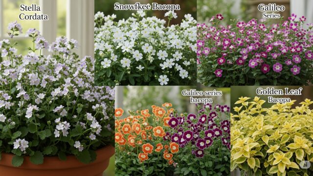 様々な種類のバコパ植物を紹介する家庭菜園の画像。ステラ・コルダータ、スノーフレーク、ガリレオ・シリーズ、ゴールデンリーフなど、様々な品種のバコパが描かれている。