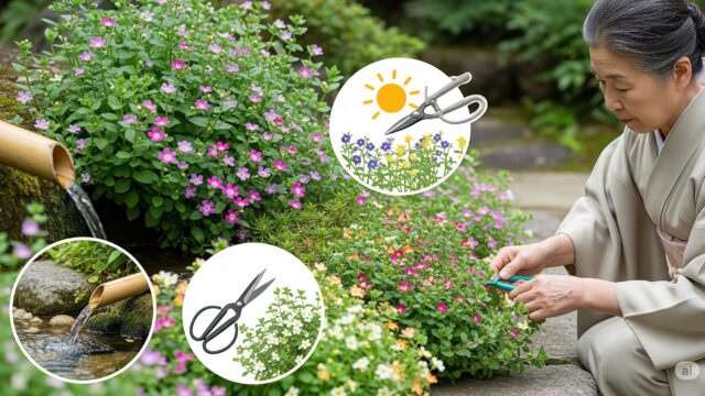 日本の家庭菜園で、バコパの適切な育て方と注意点を示す画像。手入れの行き届いたバコパ、適切な水やり、日当たり、剪定方法が描かれている。