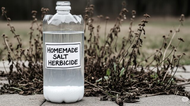 再利用されたプラスチックボトルに入った自家製塩除草剤の画像。ボトルには、「自家製塩除草剤」と書かれた簡単な手描きのラベルが付いています。 ボトルの内容物は、底部に塩の結晶が沈殿している透明な液体で、その効果を示しています。 シーンは、除草剤の効果を強調するために、最近処理された植物のパッチを囲む乾燥した茶色の雑草がある素朴な背景に対して設定されています。 画像はドキュメンタリースタイルで、自然な、フィルター処理されていない光と、背景にソフトフォーカスがあります。 このDIYアプローチは、注意して使用するようにという警告を含め、自家製塩除草剤の視覚的な表現に焦点を当てており、家庭菜園家にとって教育的かつ実用的であることを目的としています。 画像はミュートされたトーンで、わずかに彩度が低下しています。