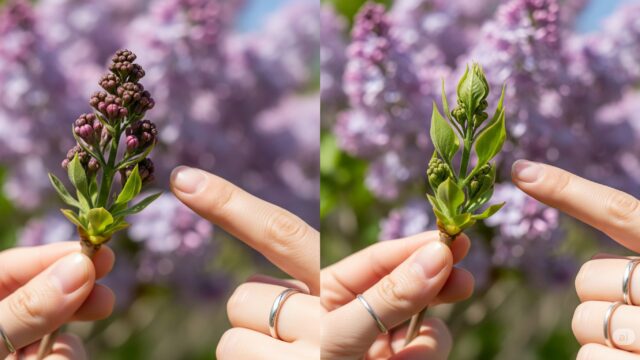 ライラックの枝の接写画像。左側には丸く膨らんだ花芽、右側には細く尖った葉芽が対比して描かれている。中央では、日本人の手が枝をそっと持ち、2つの芽の違いを示している。背景には、春の日差しを浴びて満開になったライラックの花が美しくぼけて写っている。