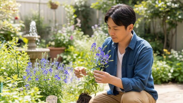 快適な園芸服を着た日本人の男性が、購入する前に自宅の庭でベロニカ オックスフォードブルーの植物を注意深く調べています。やや高い位置から捉えられたシーンは、植物の葉、茎、根を細心の注意を払って検査し、病気や損傷の可能性のある兆候を探している様子を示しています。背景には、さまざまな植物や花で満たされた、細心の注意を払って手入れされた庭があり、静けさを感じさせます。日光が葉の間から差し込み、ベロニカ オックスフォードブルーの濃い青色の花に柔らかな輝きを添えています。男性の注意深い視線と優しい触れ合いは、彼と植物の間の親密さを生み出しています。背景では魅力的な水の特徴が静かに泡立ち、シーンの静けさを増しています。このシーンは、日本の庭文化に固有の自然への尊敬と愛情の視覚的な証であり、繁栄する庭のために健康な植物を選ぶことの重要性を示しています。